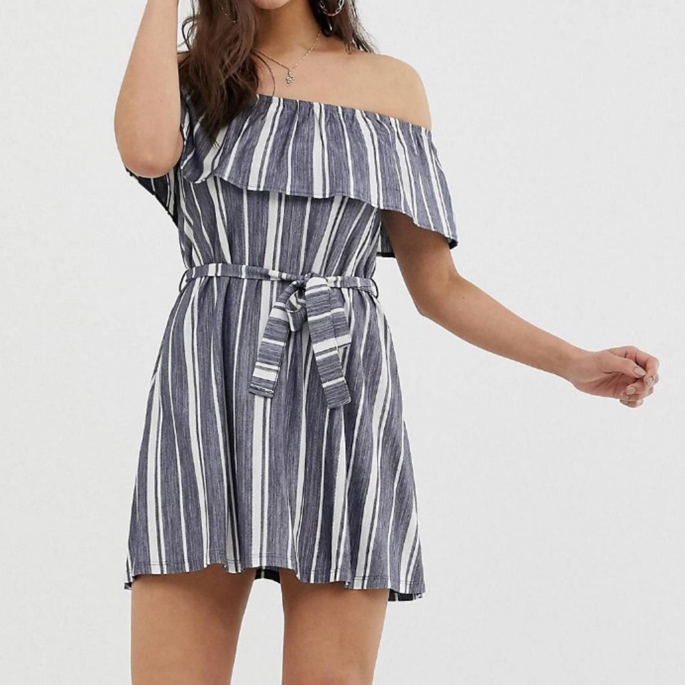 Asos striped Bardot style dress with tie belt